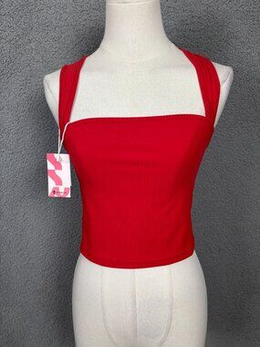 Mossrozz Women's Red Ribbed Crop Tank Top XS Stretchy Sleeveless Square Neck NWT